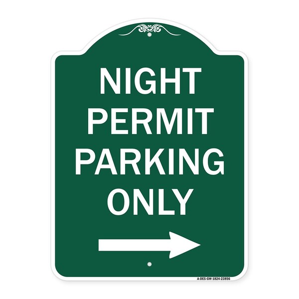 Signmission Night Permit Parking W/ Right Arrow, Green & White Aluminum Sign, 18" x 24", GW-1824-23856 A-DES-GW-1824-23856 - main